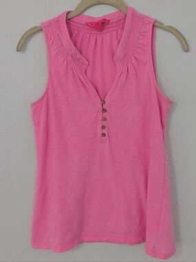 Lilly Pulitzer Essie Tank Top Button Smocked Neckline Pullover Pink Small S